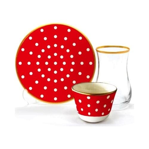 Drop Efe Tea & Arabian Coffee Cup Set 18 Pieces Polka Dot Red