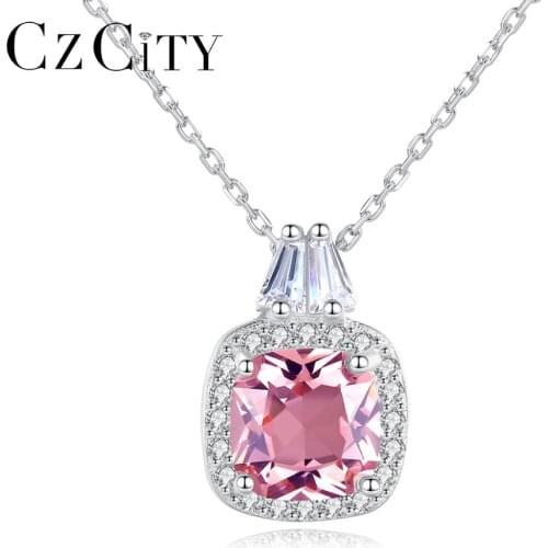 CZCITY Round Square Long Pendant Necklace Pink Gemstone Jewelry for Women Sterling Silver Topaz Necklaces Christmas Gifts