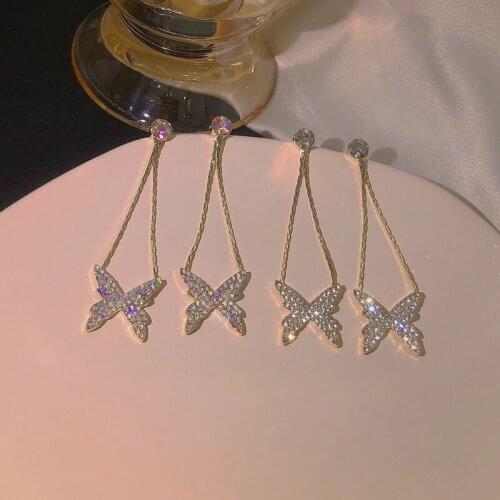 Exknl Big Butterfly Long Drop Earrings Women Round Animal Korean Colorful Crystal Wedding Bridal Jewelry Party Earrings 2020