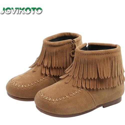 JGVIKOTO Winter Baby Girls Boots Princess Sweet Flock Fabric Warm Rubber Boots For Toddler Kids Cotton-padded Tassels Fringes