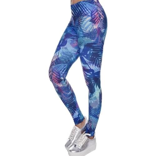 New Fashion Women Leggings Tropical Leaves Printing Blue Fitness Legging Sexy Silm Legins High Waist Stretch Trouser Pants