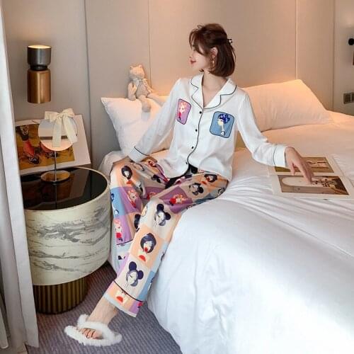 Fashion Women Pajamas Comfortable Ice silk Pajamas High Quality Home Wear Sets Long sleeve Pajamas New Cartoons Cardigan Pajamas