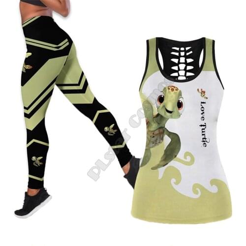 Sea turtle Polynesian 3D Printed Hollow Out Tank Legging Suit sexy Yoga Fitness Soft Legging Summer Women For Girl 44