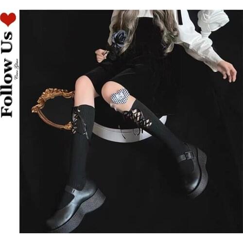 Harajuku Cross Tie Socks Women Summer 2021 Japanese Gothic Dark Jacquard Stockings Lolita Loli Wood Ear Lace Calf Socks Woman