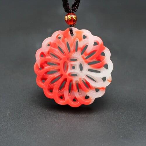 Natural Red White Jade Pendant Necklace Chinese Double-sided Hollow Out Carved Fashion Charm Jewelry Amulet for Men Women Gifts