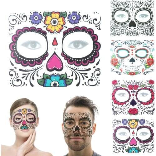 1Pc Day of The Dead Skull Face Dress Up Waterproof Temporary Tattoo Stickers Pop Halloween Facial Makeup Face Tattoo Decals