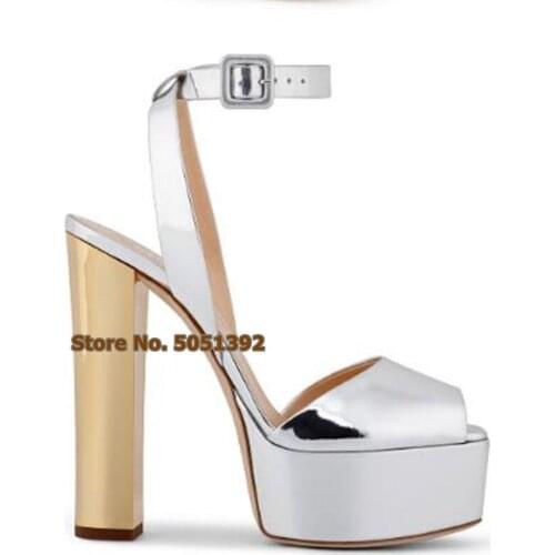 Stiletto High Heel Sandals Peep Toe Squared Chunky Heels High Platform Patent Leather Silver Fashion Bling Bling Party Shoes