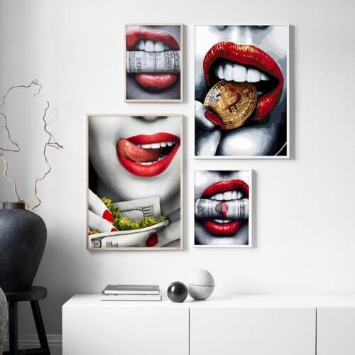 Sexy Girl Red Lips Gold Money Wall Art Canvas Painting Nordic Posters And Prints Wall Pictures For Living Room Decore Unframed