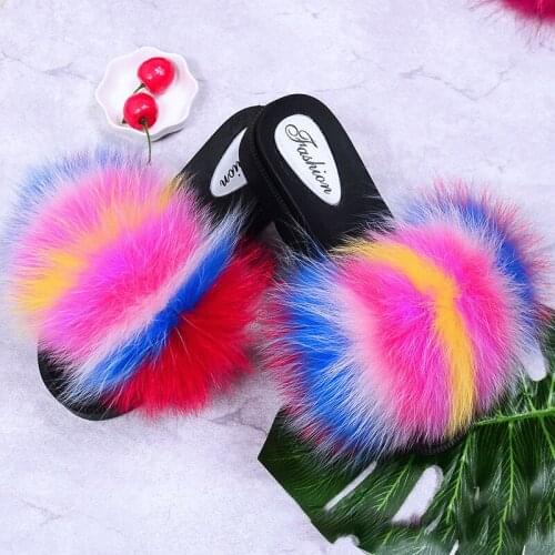 Summer Platform Wedge Slippers Women Real Fox Fur Sliders Ladies Fluffy Flip Flops Female Platform Sandals Heels Shoes Outside