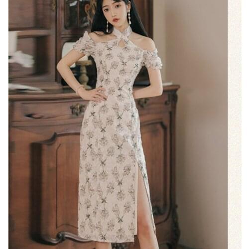 Retro Improved Floral Cheongsam Summer 2021 Puff Sleeve Beaded Halter Neck Sexy Chiffon Embroidered Dress Vestido