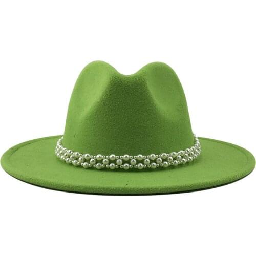 New Women Wool Fedora Hat With pearl Ribbon Gentleman Elegant Lady Winter Autumn Wide Brim Church Panama Sombrero Girl Jazz Cap