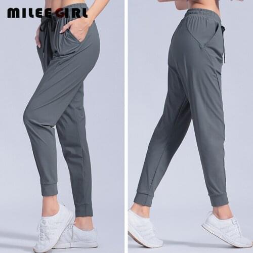 Quick Dry Women Running Pants,Elastic Waist Outdoor Hiking Fitness Pants With Pockets,Loose Breathable Ice Silk Yoga Pants