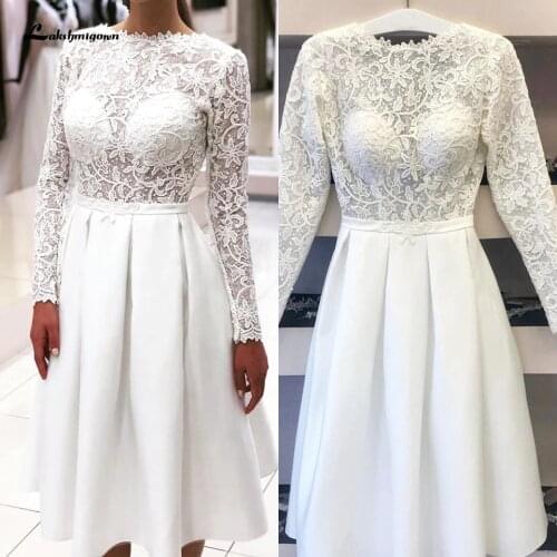 Vintage Wedding Dress Short Robe Satin Elegant Lace Appliques Long Sleeve Bridal Dress Beach 2020 Vestido de Noiva Corto