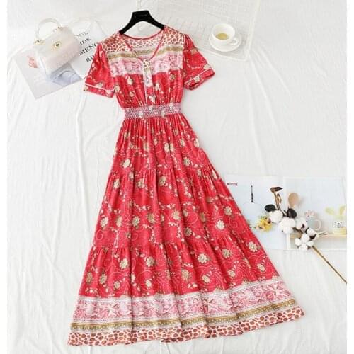 Women Print Short Sleeve Summer Dress Elegant V-neck Cotton Linen Bohemian A-line Long dress 2021 Fashion Sundress Beach dress