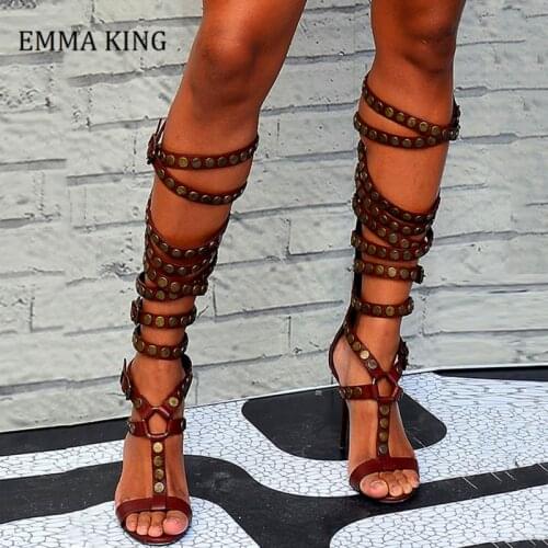 Women Retro Studded Gladiator Sandal Boots Sexy Cut-Outs Long Gladiator Boots High Heels Boots Woman 2020 Summer Sandals Size 43