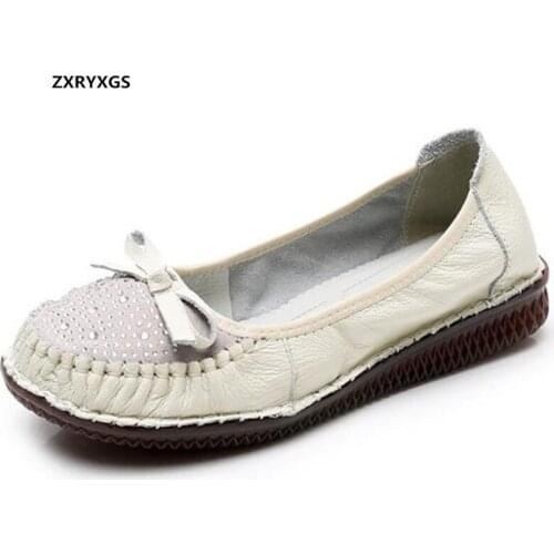 Promotion Top Cowhide Rhinestone Bow Woman Shoes Fashion Shoes Soft Comfortable Flats 2020 New Spring Casual Shoes Flat Shoes