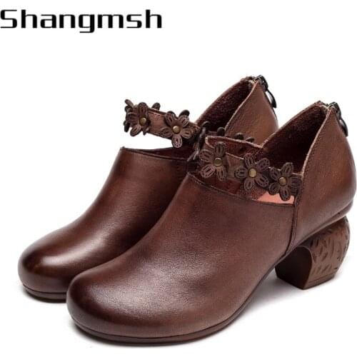 2020 High Wedges Platform Pumps For Women Genuine Leather High Heels Platform Round Toe Pump Womens Shoes 19658