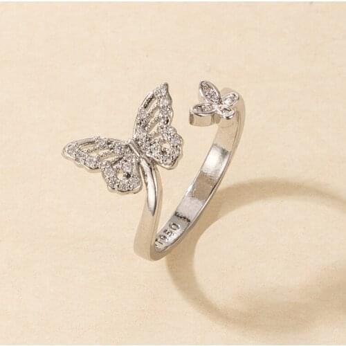 HuangTang Butterfly Open Adjustable Finger Rings for Women Silver Color Full Crystal Knuckle Rings Fashion Wedding Jewelry