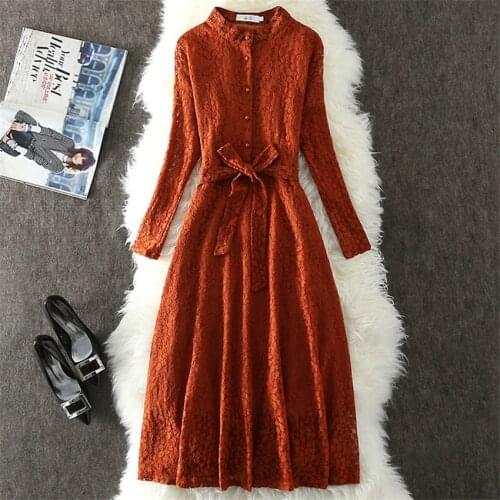 2018 Autumn Women Long Sleeve Lace Dress Big Size M-2XL Sashes Dress Elegant Lady Long Dressess Vestidos Winter Bottomings WZ606