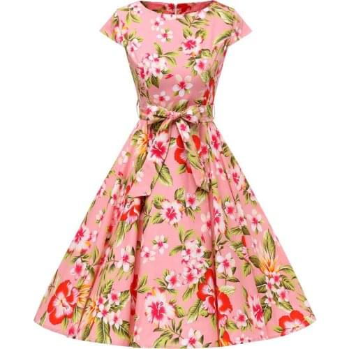 Women Summer Floral Dress 2021 50s Vintage Casual Elegant O Neck Party Work Office Dress Rockabilly Vestidos VD0781
