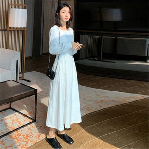 Woman Dress Summer White Long Sleeve Dress Square Collar Ankle Dress Vestido De Mujer