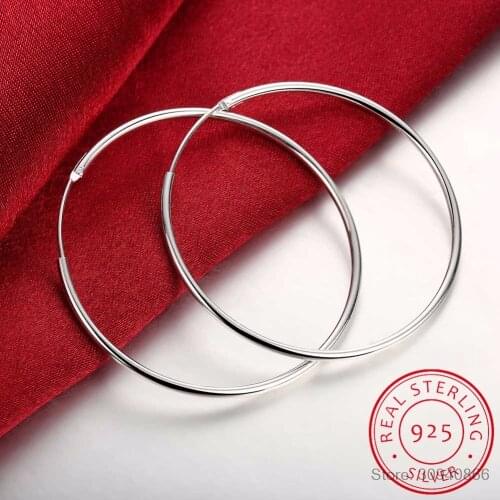 100% 925 Sterling Silver Hoop Earring For Women 50mm 60mm Round Circle Loop Simple woman Silver Hoop Earrings