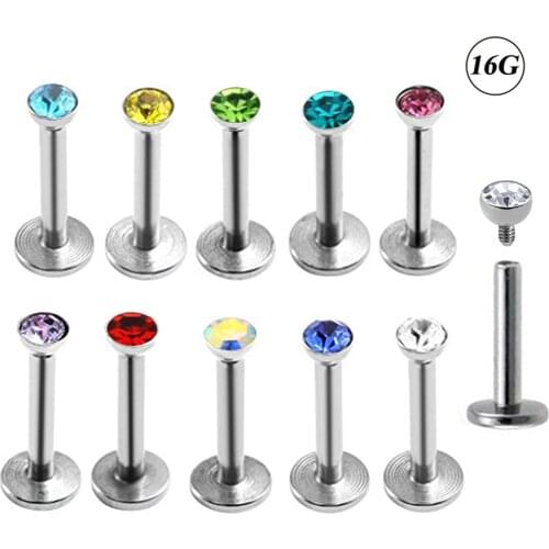 16g Steel Labret Stud Lip Ring CZ Crystal Gem Helix Monroe Ear Tragus Cartilage Piercing Jewelry Internally Threaded Pick Color