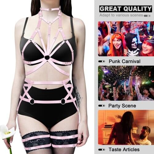 2 Pcs Set Goth Full Body Harness Chest Bondage Cage Bra Sexy Hollow Out Erotic Lingerie Waistband Pentagonal Garter Belt Fetish