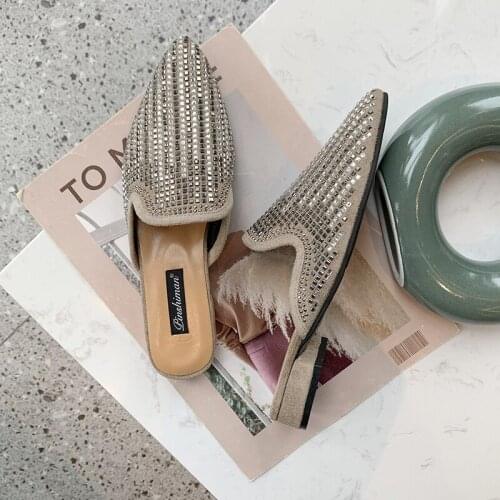 2020 Half-drag single shoes personality comfortable skin-friendly flat bottom non-slip Rhinestone ladies slippers outside U30-26