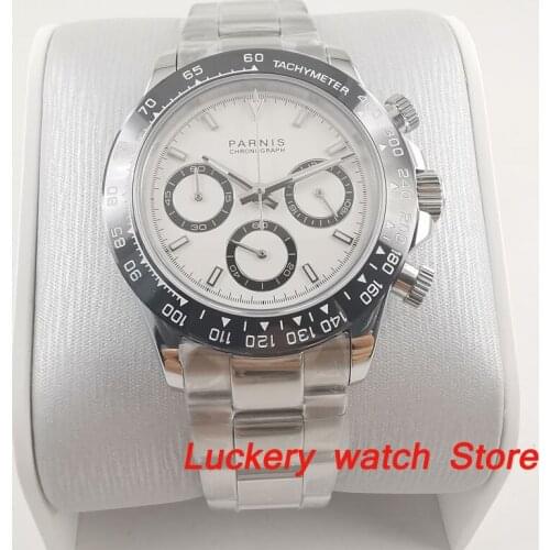39mm parnis Full Chronograph white dial luminous sapphire glass black bezel Quartz mens watch-PQ08