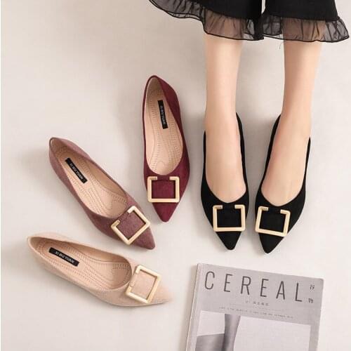 Square metal buckle flat shoes woman comfy flock ballet flats pointed toe sweet color foldable ballet shoes ladies mules size 42