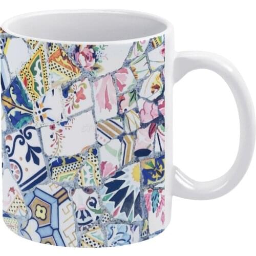 Gaudi Park Guell Mosaic White Mug 11oz Ceramic Tea Cup Coffee Mug Friends Birthday Gift Spain Gaudi Park Guell Mosaic Tile Trave