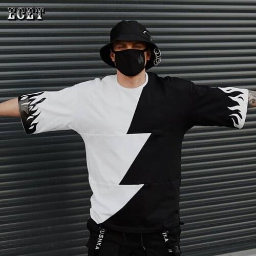 Brand Men’s Clothing Streetwear Trend Fashion Casual Men’s T-shirt Loose Two-color Stitching Loose Round Neck Short Sleeve Top