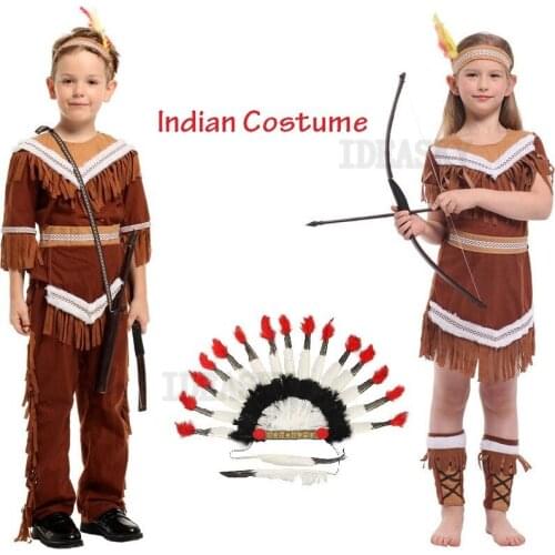 Halloween Costumes Kids Child Indian Princess Native Archer Huntress Chief Costume Girls Boys Purim Mardi Gras Cosplay headwear
