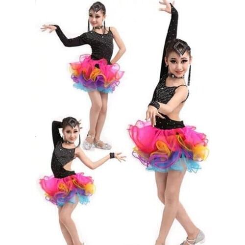 Latin Dance Dress Colorful Tulle Skirt Children Latin Competition Dress Kids Ballroom Dance Wear Salsa Tango Rumba Samba Costume