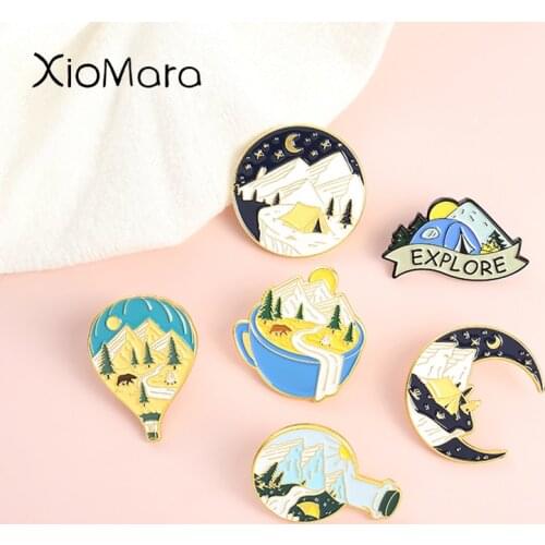 Landscape Enamel Pins Moon Hot Air Balloon Shape Mountain River Explore Brooche Backpack Badges Gift For Women Men Custom Jewely