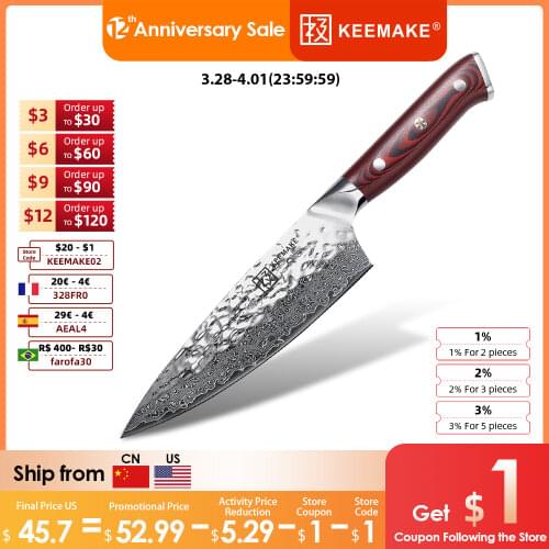 KEEMAKE 6.5" inch Chef Knife Kitchen Knives Japanese Damascus AUS-10 Steel Razor Sharp Blade 60HRC Chefs Cutter Tool G10 Handle