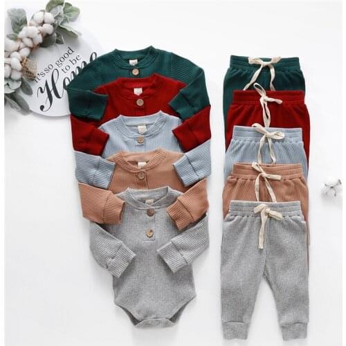 Newborn Toddler Baby Girls Clothes Sets Solid Long Sleeve Romper Tops Pants 2pcs Outfit Set Baby Boy Clothing Set