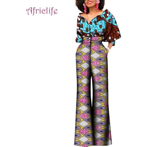 Spring Fall African Shirt Suits Office Lady Long Sleeve Blouse + High Waist Wide Leg Pants Work Wear Trousers Sets Female WY8818