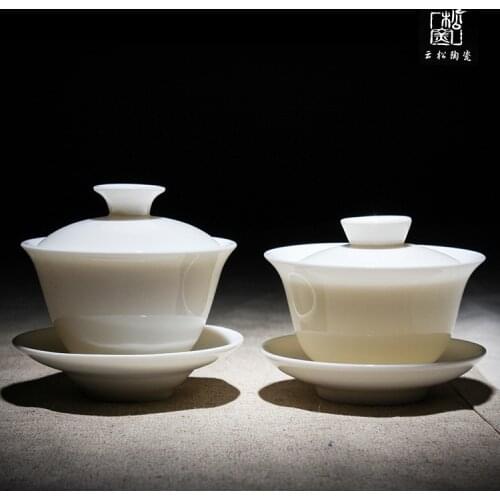 Jade Porcelain Cover Bowl Dehua Ceramic Whiteware Tea Set High-End Condensed Fat White Three-Force Bowl Cup with Cover Gaiwan