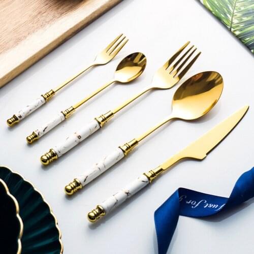 Stainless Steel Cutlery Creative Marbled Cutlery Spoon Light Luxury Stainless Steel Coffee Spoon Fruit Fork Black Gold Cutlery