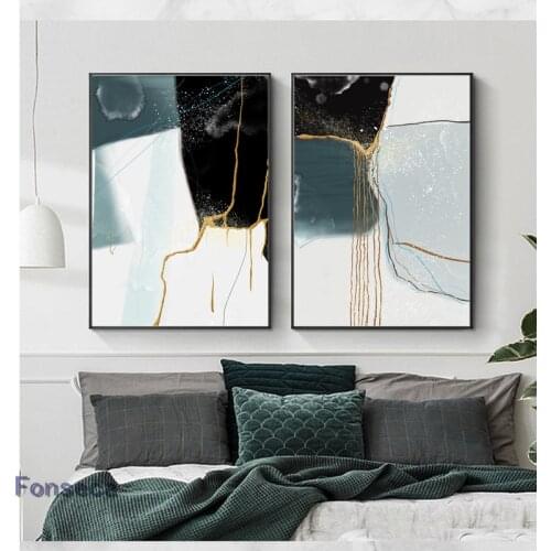 Original Abstract Flow Gold Posters And Prints Black And White Canvas Painting Wall Art Pictures For Living Room Home Decoration