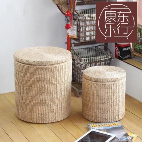 The new style straw woven shoe-changing stool storage the largr sofa stool footrest storage box with cover Loading 150kg