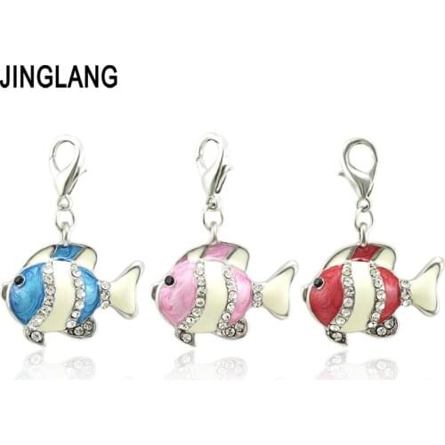 JINGLANG Fashion Charms With Lobster Clasp Dangle Rhinestone Blue Enamel Fish Ainmal Charms Pendants Jewelry DIY Accessories