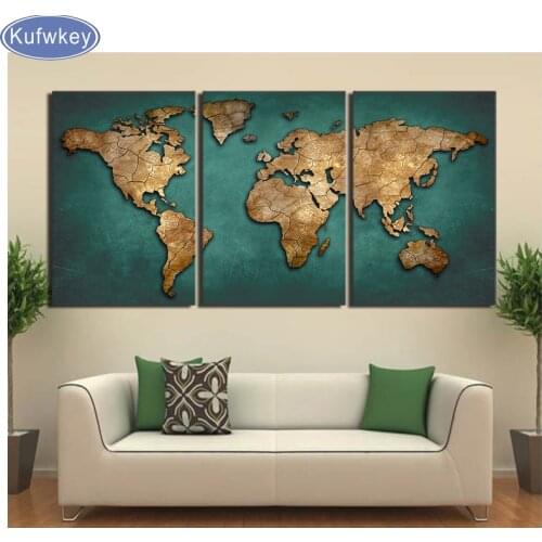 Full Square/Round Daimond Mosaic Rhinestone Embroidery Triptych diamond painting Vintage Continent Pictures 3 Pieces World Map