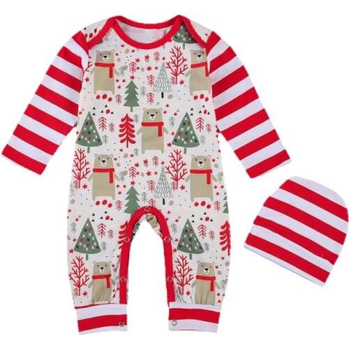 Christmas Pattern Newborn Baby Rompers Striped Long Sleeve Cartoon Print Infant Girl Boy Xmas Jumpsuits Hat Outfits