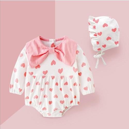 Pink heart printing newborn baby girls romper autumn winter long sleeve toddler baby jumpsuit for girls costumes onesie +hats