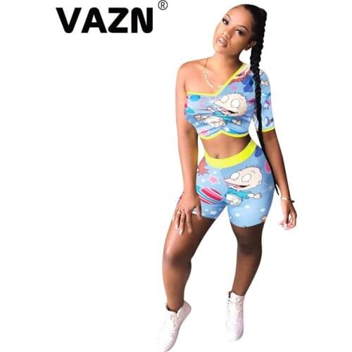 VAZN Sexy fashion 2020 summer sexy lady blue cartoon 2-piece short set short sleeve one shoulder tops shorts set young girl sets