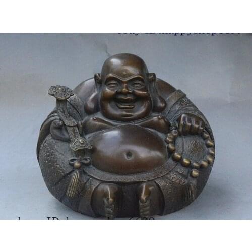 10" China Buddhism Bronze Ji xiang Wealth Maitreya Buddha Hold Ruyi Beads Statue