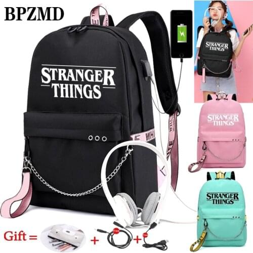 Stranger Things Luminous Canvas Women Backpack Fashion Letters Print School Bag Teenager Girls Ribbons Backpack Can USB Charge